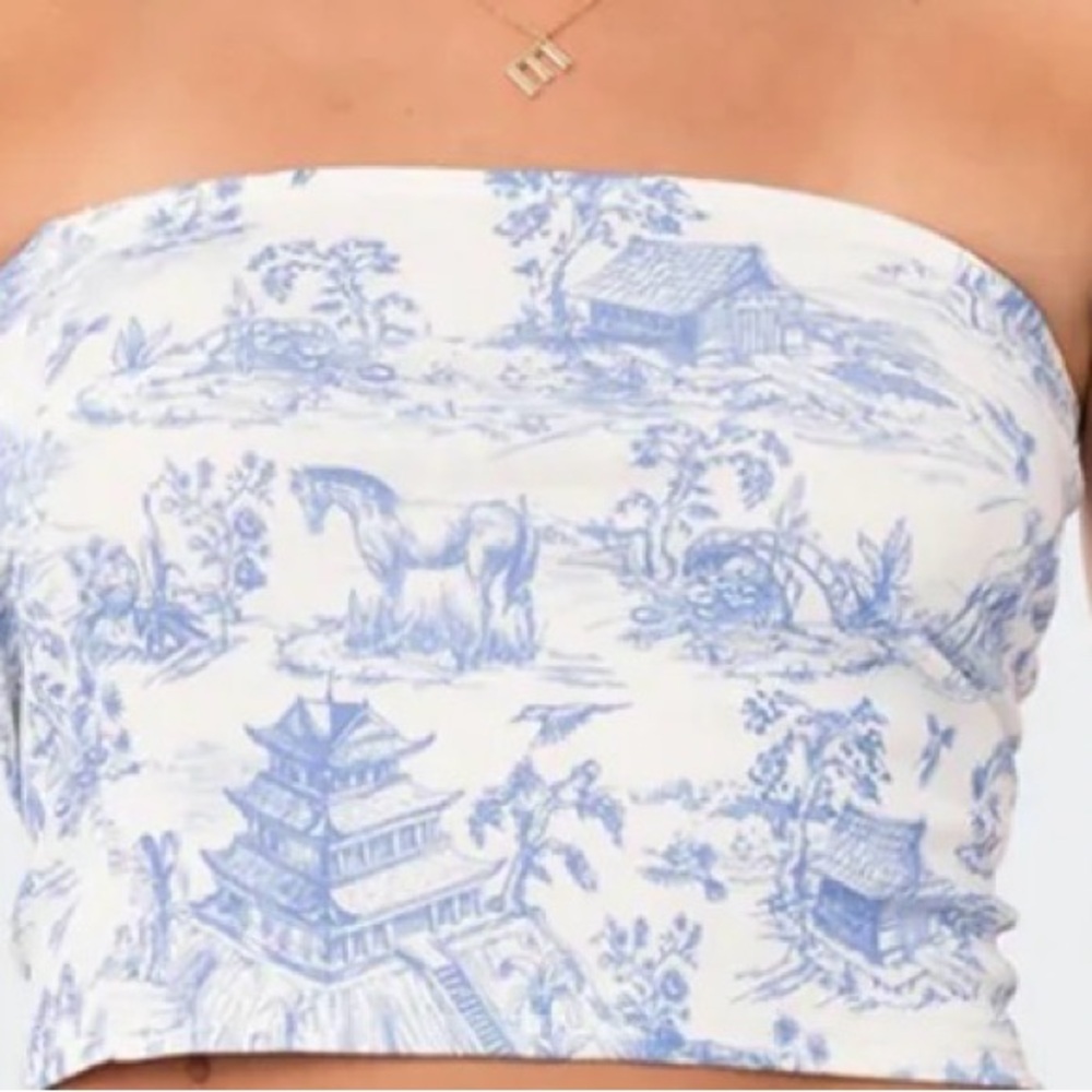 Edikted Blue and White Scenic Crop Top
